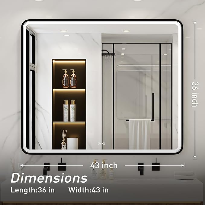 43X36 Inch Black LED Bathroom Mirror with Lights,Metal Frame Lighted Vanity Mirror,Anti Fog,Dimmable(Horizontal/Vertical)