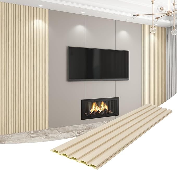 8-Pack WPC Wall Panels 118’’ x 6.3’’ 3D Slat Wall Panel Acoustic Wall Paneling for Interior Wall Decor TV Background Kitchen Bedroom Natural Wood