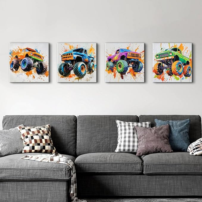Multicolor Monster Car Wall Art Funny Truck Canvas Prints Pictures Kids Bathroom Bedroom Wall Decor Cool Graffiti Monster Truck Poster Artwork for Boys Gamer Men Domitory Home Decorations 16x16” 4 Pcs