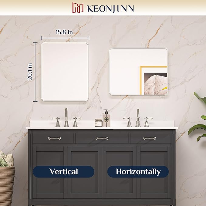 Keonjinn 16 x 20 Inch Brushed Nickel Bathroom Mirrors for Over Sink, Rounded Rectangle Silver Bathroom Vanity Mirror, Metal Framed Farmhouse Mirror for Wall, HD Tempered Glass(Horizontal/Vertical)