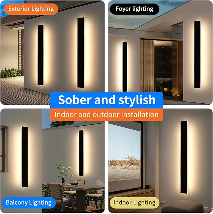 Mikeru Upgraded 2 Pack 57" Long & 4.3" Wide LED Wall Sconce, 10%-100% Dimming + 3000K-6000K Adjustable, IP65 Waterproof Outdoor Light Fixtures Cover US Junction Box for Porch, Garage, Basement