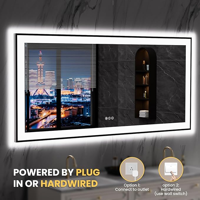 LOAAO 60"X28" LED Bathroom Mirror Black Framed, Anti-Fog, Dimmable, Lighted Bathroom Vanity Mirror for Wall, Memory Function, Tempered Glass