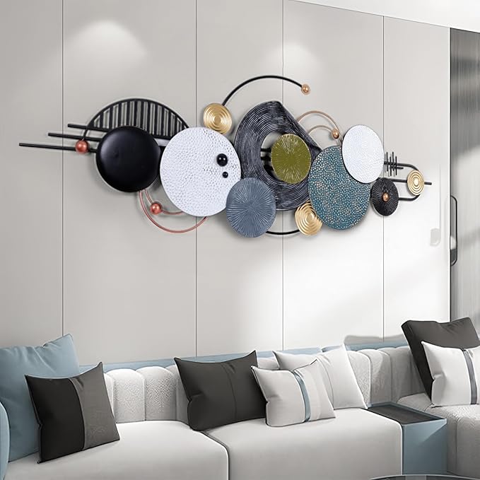 Lucky Monet Large Modern Abstract Metal Wall Art, 59"x21" 3D Geometric Circle Wall Sculptures Black and White Gold Handmade Wall Hanging Wall Decor for Living Room/Dinning Room/Bedroom/Entryway