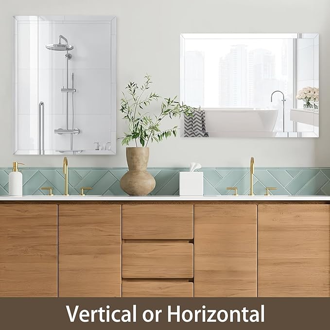 22x30 inch Beveled Bathroom Mirror, Rectangle Frameless Mirror, 1" Polished Beveled Edge Wall Mirror, Beveled Square Mirror for Bathroom, Living Room, Bedroom