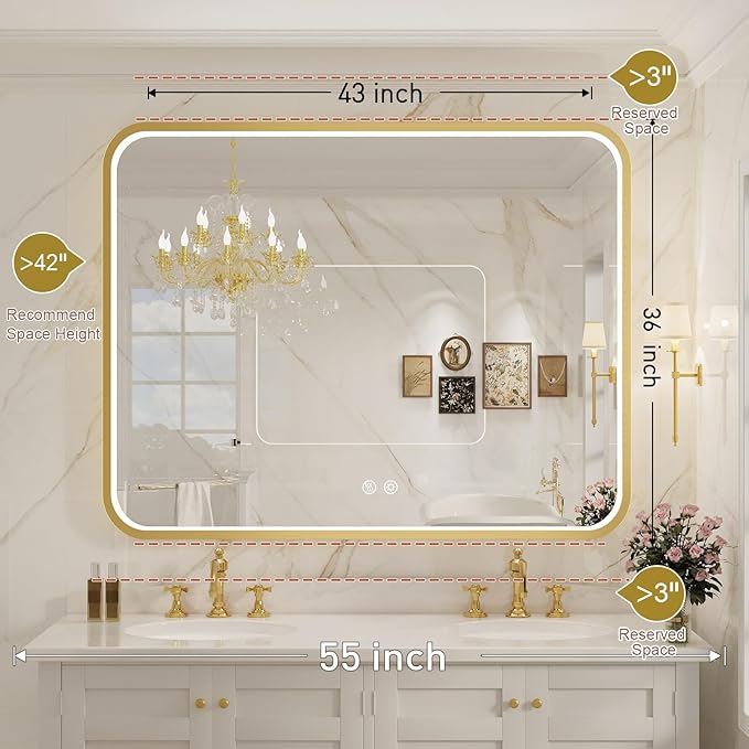43X36 Inch Framed LED Lighted Bathroom Mirror,Wall Mounted Gold Metal Vanity Mirrors with Lights,Dimmable Illuminated Anti-Fog Mirror(Horizontal/Vertical)