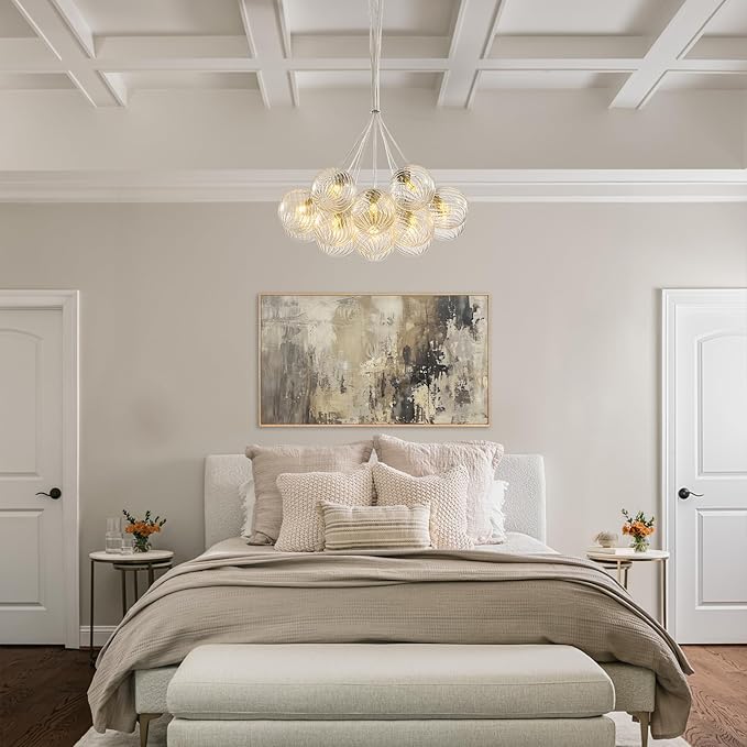 Modern Nickel Glass Bubble Chandelier: 23.6" Large Dining Room Light Fixture - Nordic Swirled Clear Glass Ball Chandelier - Globe Ball Chandeliers for Kitchen Living Room Bedroom Bathroom Entryway