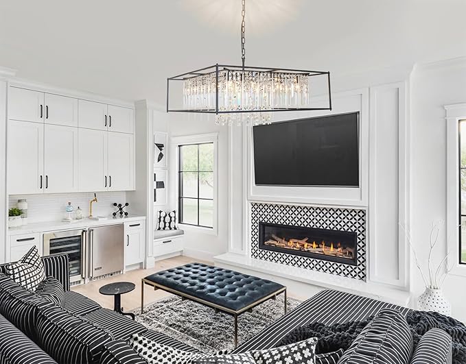 Modern Black Crystal Chandelier, 12-Light Square Pendant Lighting Fixture for Kitchen Island, Dining Room, or Living Room â Elegant Large Ceiling Light for Bedroom and Foyer (35.5")