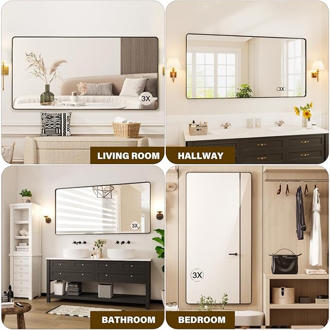 72X36 Inch Black Metal Framed Bathroom Mirror for Wall, Rounded Rectangle Vanity Mirror, Environmentally Friendly, Anti-Rust