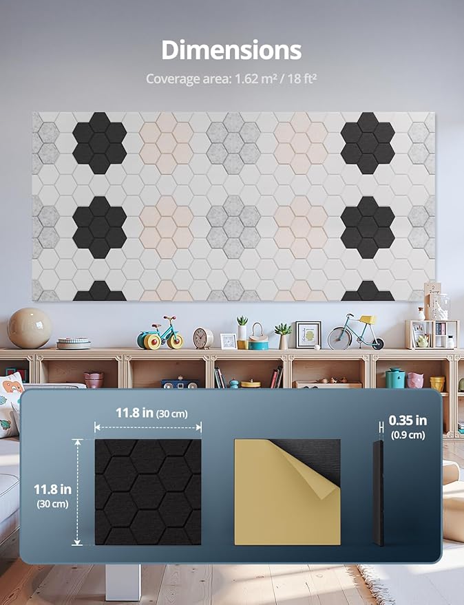 Acoustic Wall Panels Sound Absorbing, Honeycomb Self Adhesive Wall Tiles Panel, 18 Pack Decorative Hexagon Design for Studio, Home Office, Gaming Room, Acoustic Treatment, 12"x12"x0.4", Black