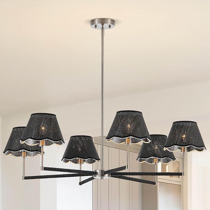 39" Boho Rattan Chandelier Large Adjustable Modern Black and Brushed Nickel Pendant Light for Kitchen Island Dining Living Room, UL Listed