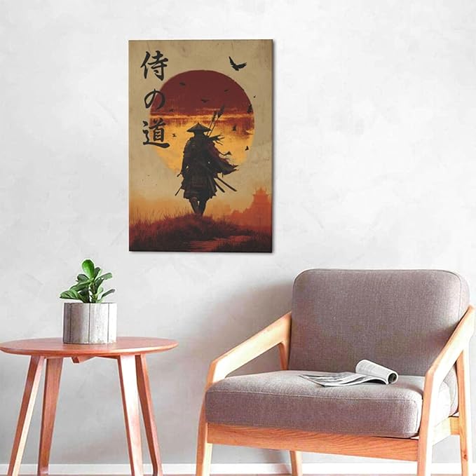 Japanese Samurai Wall Art Oriental Asian Bushido Wall Decor Warrior Figure Canvas Pictures Paintings Prints Japan Traditional Aesthetic Artwork Framed Decorations For Bedroom Living Room Office Gifts 16" x 24"