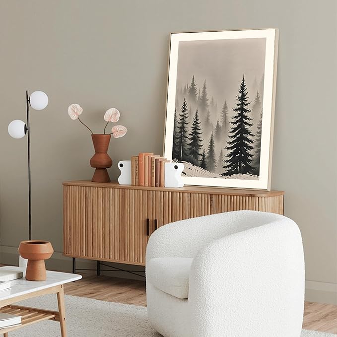 LHIUEM Abstract Misty Forest Framed Canvas Wall Art,Modern Pine Tree Wall Decor,Netural Woodland Painting,Rustic Foggy Landscape Artwork for Living Room,Bedroom,Dining Room -16"x24"x3