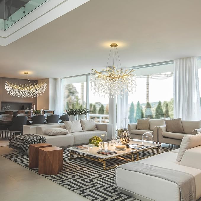 Modern Crystal Chandelier, 31.5" Chandeliers for Dining Room Gold Tree Branch Chandelier Lighting, Round Dining Room Chandeliers Over Table, Branches and Crystals Ceiling Light Fixtures