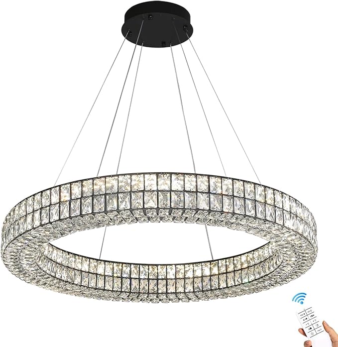 Modern Large LED Ring Chandelier Dimmable Crystal Chandeliers for Dining Room Living Room Entryway Staircase(2700K-6000k, Black 40 inch)