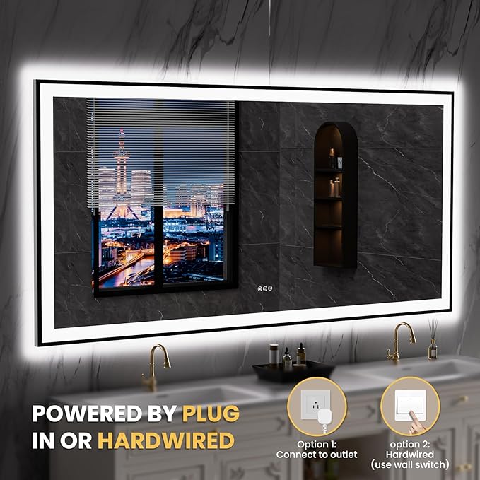 LOAAO 84"X32" LED Bathroom Mirror Black Framed, Anti-Fog, Dimmable, Lighted Bathroom Vanity Mirror for Wall, Memory Function, Tempered Glass