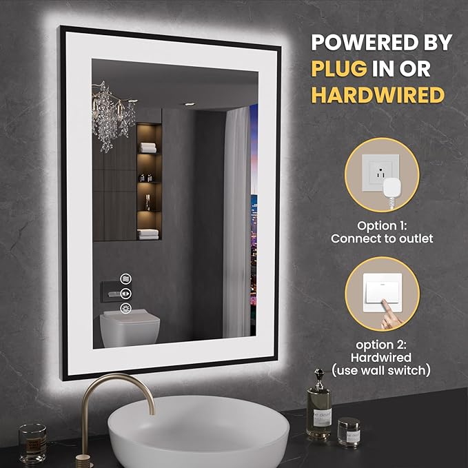 LOAAO 20"X28" LED Bathroom Mirror Black Framed, Anti-Fog, Dimmable, Lighted Bathroom Vanity Mirror for Wall, Memory Function, Tempered Glass