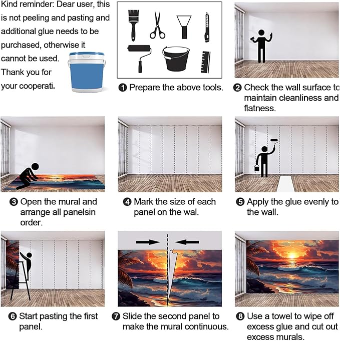 Coastal Mural Wallpaper, Ocean Sunset Murals, Cartoon Palm Trees Murals Wallpaper for Living Room Bedroom Home Decor Mural - 137.8" W x 108" H (Not Peel Stick)