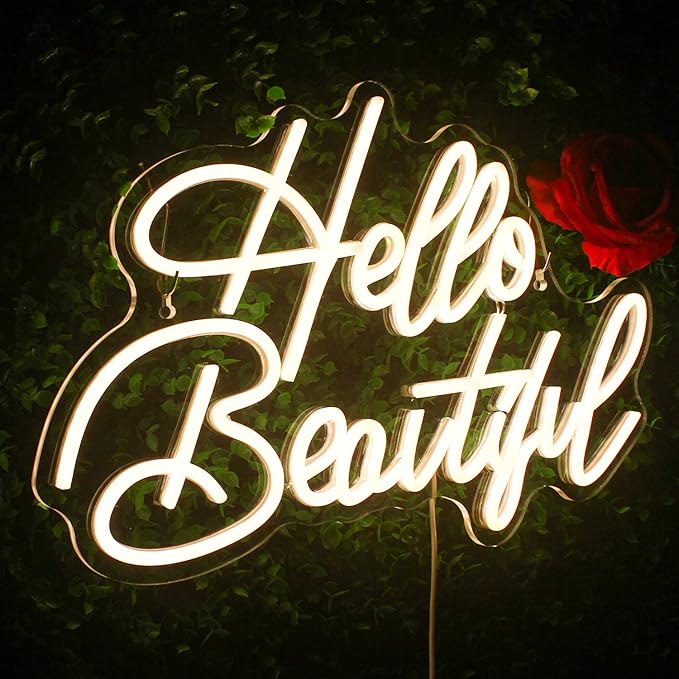 LooKLight Hello Beautiul Neon Sign,Warm White Neon Light Sign,Letters Wedding Neon Signs for Wall Decor,USB Powered Led Light Up Signs For Wedding Party Bedroom Birthday Beauty Salon