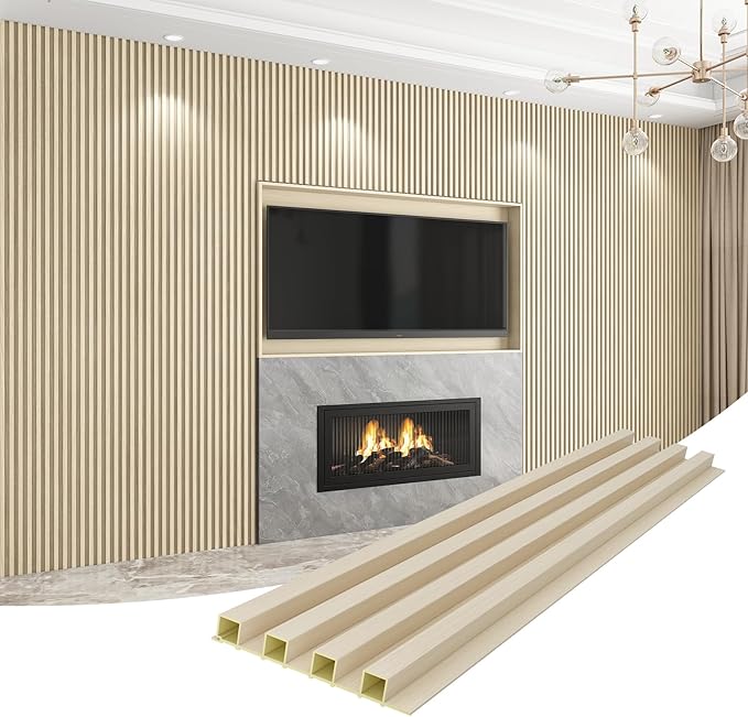 8-Pack WPC Wall Panels 108’’ x 6.1’’ 3D Slat Wall Panel Acoustic Wall Paneling for Interior Wall Decor TV Background Kitchen Bedroom Natural Wood