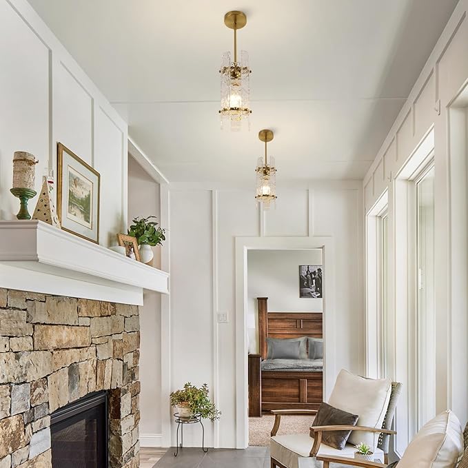 Modern Gold Crystal Pendant Light for Kitchen Island, Luxury Mini Water Ripple Glass Chandelier Lights Fixture, Round Adjustable Hanging Pendant Lighting for Dining Room Bedroom Hallway (1-Pack)