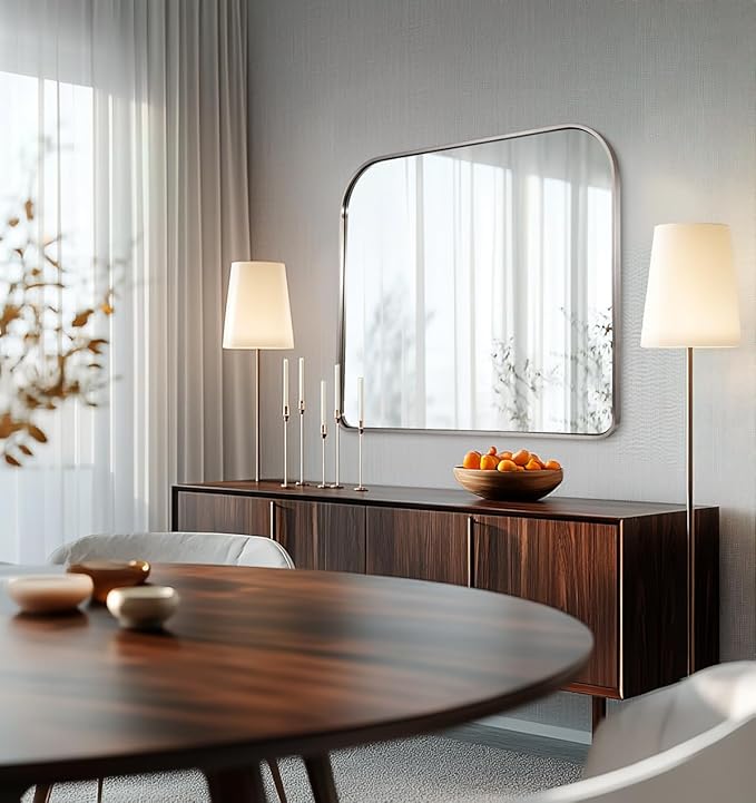 ANDY STAR Brushed Nickel Arched Mirror, 36x30’’ Modern Mantel Mirror Rounded Corner for Fireplace, Bathroom, Powder Room in 1 inch Anti-Rust SUS304 Tube Metal Frame Wall Mounted