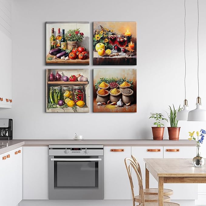 Kitchen Wall Decor Mason Jar Wall Art Spices Food Canvas Prints Kitchen Ingridients Picture Rustic Still Life Painting Vintage Healthy Vegetables Poster Artwork Dining Room Home Decoration 20x20" 4Pcs