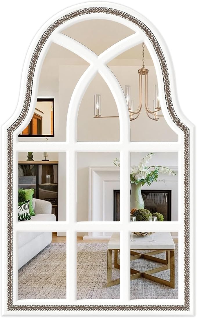 36x22 inches Arched Window Wall Mirrors with Grids, White Farmhouse Wooden Arch Mirror for Dresser, Bedroom, Stairways, Entryway and Living Rooms Decorative