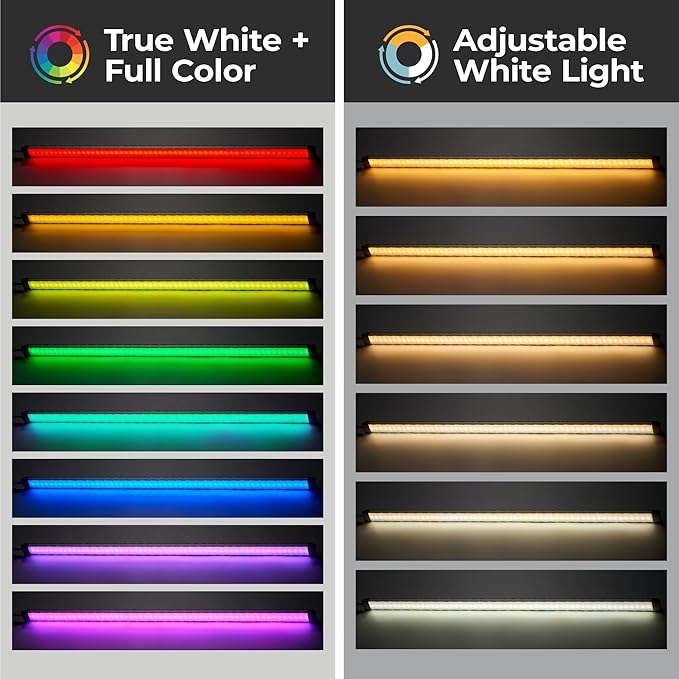 PureOptics LED Professional Push Wire® Under Cabinet Light Bar, Add-on, Plug-in or Hardwire Compatible, Adjustable White and RGB LED, for Utility Light, Closets, Garage, Pantry, (1) 24" Bar