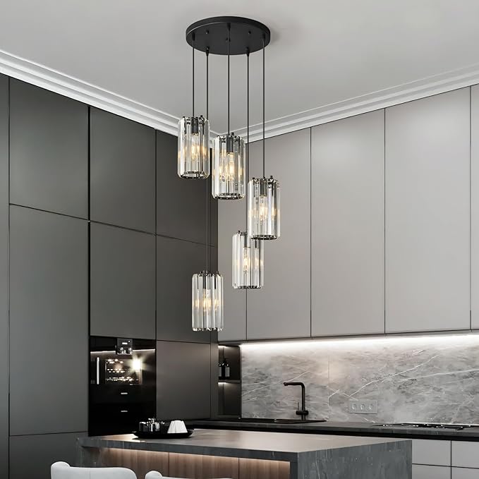 Black Pendant Lighting Modern Pendant Light, Mini Crystal Chandeliers,Adjustable Pendant Light Fixture for Kitchen Island Dinning Room Corridor Bedroom(Gold 5-Light)