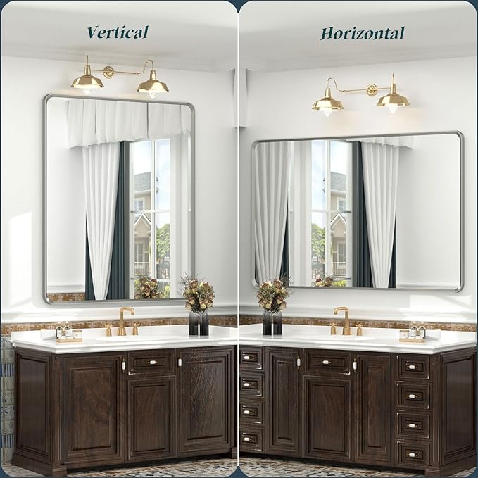 OKPAL Brushed Nickel Mirror 40 x 30 Inch Large Silver Bathroom Mirror for Over Sink, Rounded Rectangle Farmhouse Vanity Mirror with Metal Frame, HD Tempered Glass Wall Mirror(Horizontal/Vertical)