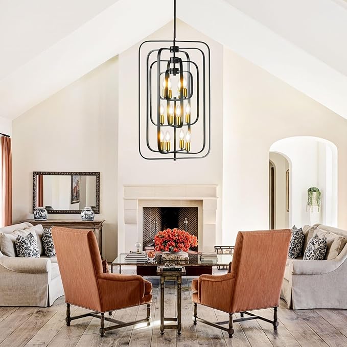 Black and Gold Chandelier, 12-Light Farmhouse Chandelier for Entryway, Modern Foyer Lighting Fixtures, Foyer Chandeliers for High Ceilings, Hanging Pendant Lights for Living Room, Staircase, Entry