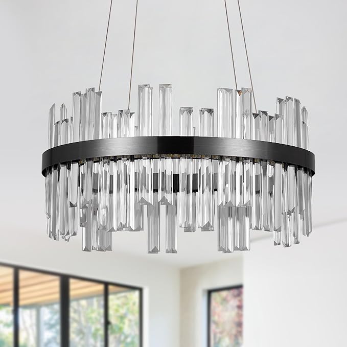 Modern Round Crystal Led Chandelier: 19.7" Black Luxury Chandeliers over Dining Table - Dimmable 3 Color Decorated Light Fixture - Elegant Drum Sparkly Chandelier for Living Room Bedroom with Remote