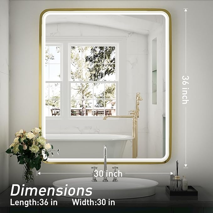 30x36 Inch LED Bathroom Mirror with Lights,Gold Metal Frame Lighted Vanity Mirror, Anti Fog Design&Dimmable&Touch Switch,Large Wall Mounted Mirror for Bathroom Decor (Horizontal&Vertical)