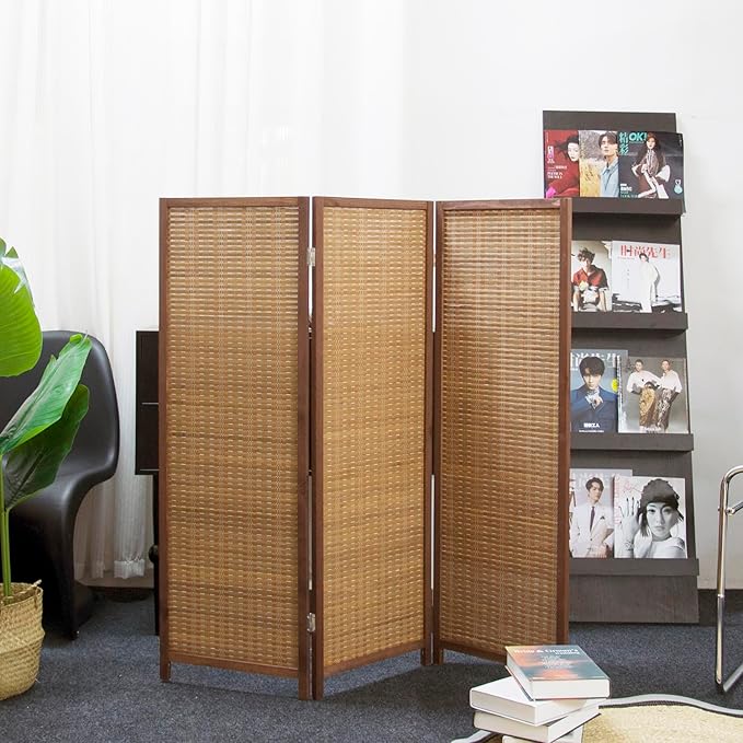 3 Panel Room Divider Short Folding Screen Divider,Double Sided Bamboo Divider Screen for Room Separation,Brown,47.2" H x 46.1" W