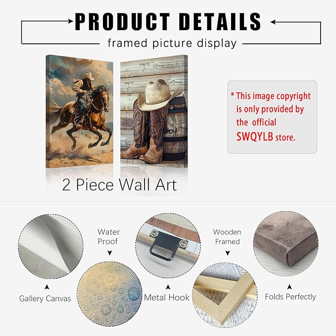 SWQYLB Western Cowboy Canvas Wall Art 2 Panel Cowboys Cowgirl Riding Horses Poster Prints Vintage Boots Pictures West Rodeo Painting for Bedroom Decor Framed (Blue, 12x16inchx2 Pieces)