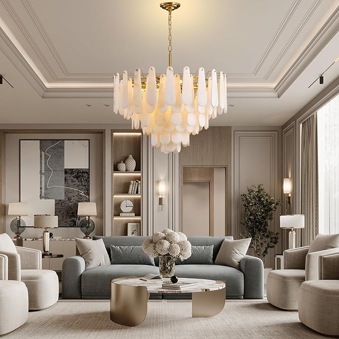 Alabaster Chandelier, D31.5 in Modern Feathery Round Chandelier, 6-Tiers Luxury Large White Marble Brass Chandeliers for Dining Room Bedroom Foyer Living Room Entryway