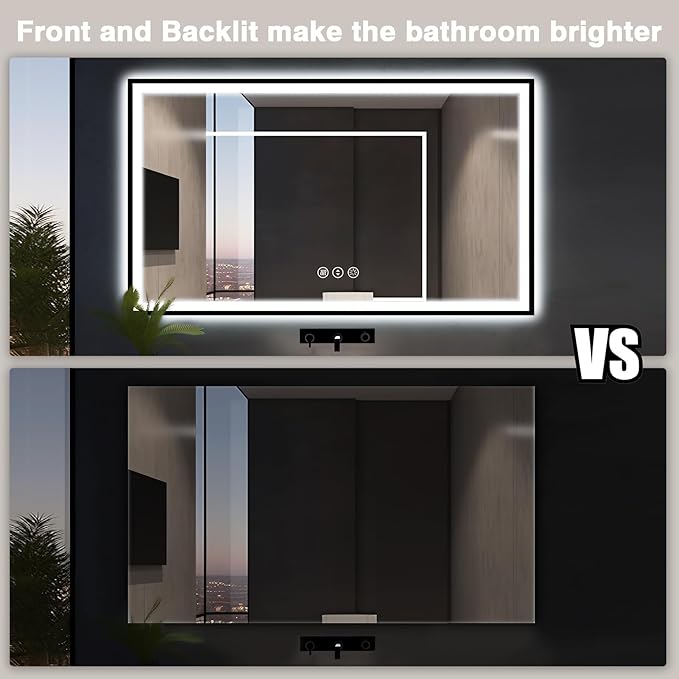 60x30 Large LED Bathroom Vanity Mirror - Black Aluminum Framed, Anti-Fog Illuminated, Stepless Dimmable, 3 Colors Smart (Horizontal/Vertical)