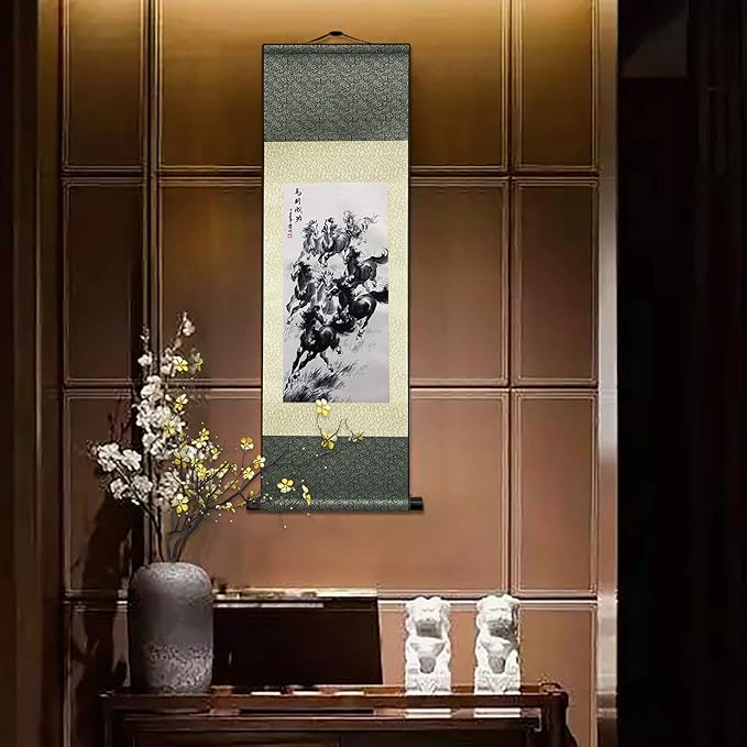 AtfArt Asian Wall Decor Beautiful Silk Scroll Painting Horse to Success - Win Instant Success Oriental Decor Chinese Art Wall Scroll Wall Hanging Painting Scroll (36.2 x 12 in)
