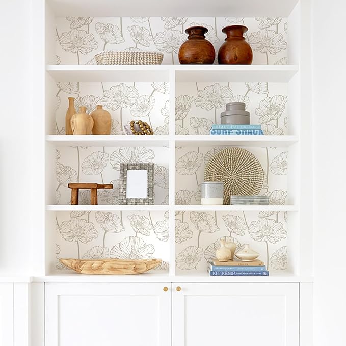 Orainege Peel and Stick Wallpaper Beige and White Floral Wallpaper 17.3inx196.8in Self Adhesive Contact Paper Removable Decorative Wall Paper for Bedroom Bathroom Cabinets Decor Vinyl