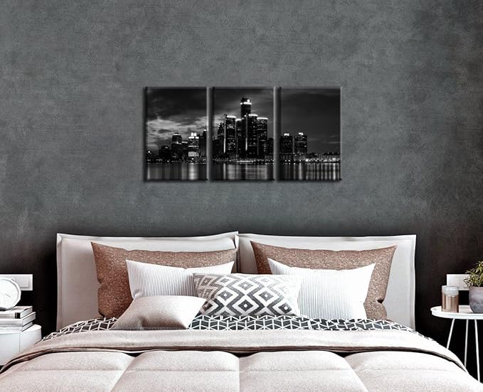NAN Wind 3 Pcs Wall Art Beautiful Detroit Skyline Black & White Canvas Art Paintings For Room Decor Cityscape Skyscrapers Night Scene Picture Prints On Canvas For Home Decor Modern Giclee Framed