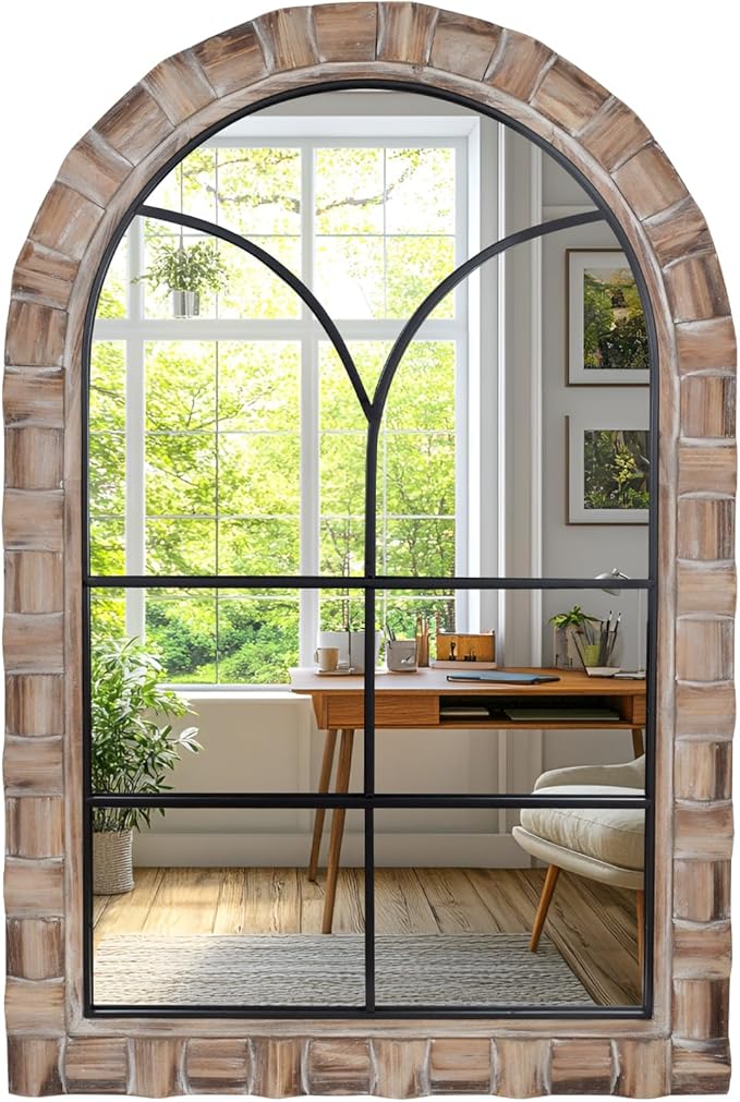 36x24 inches Dark Wood Arched Mirrors for Wall, Farmhouse Decorative Arch Mirror for Bedroom, Living Room, Bathroom, Entryway - Hanging or Leaning