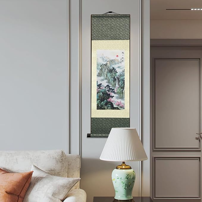 AtfArt Asian Wall Decor - Beautiful Silk Scroll Painting of Waterfall River Landscape - Rising Sun East Rises Oriental Decor - Chinese Art Wall Scroll Hanging (36.2x12 in)