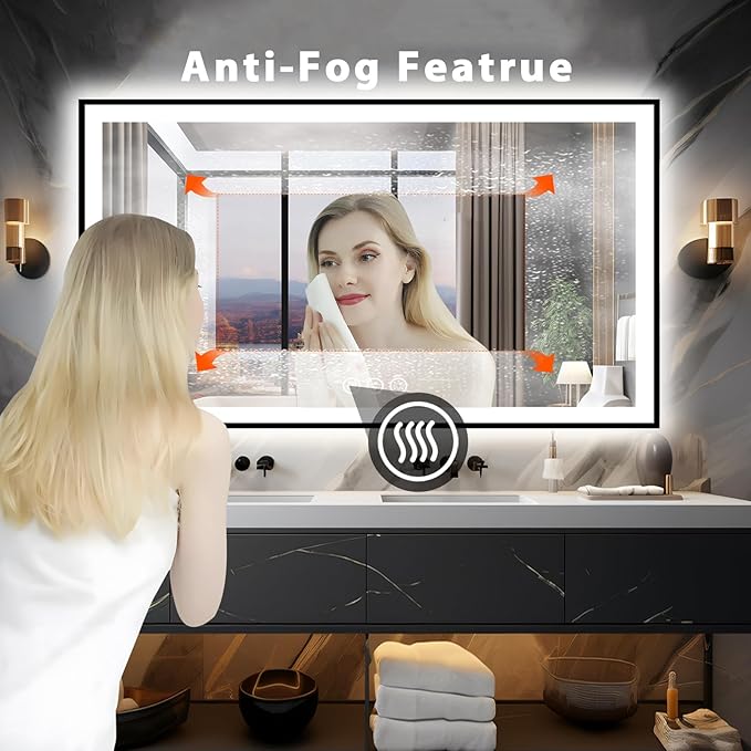 72x40 Large Light up Bathroom Mirror, Wall-Mounted LED Vanity Mirrors, Black Trim and Double Lights, 3 Colors and Stepless Dimming, Anti-Fog, Memory, Shatterproof (Horizontal/Vertical)