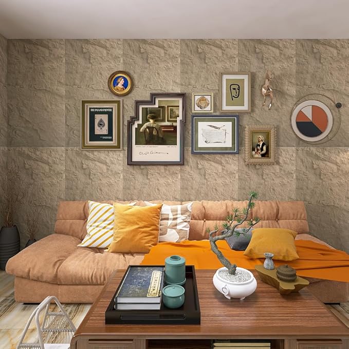 4-Pack 3D PU Stone Wall Panels for Interior Decor | Faux Stone Accent Tiles, Stone Yellow, 47.24"x23.62"x1.18" | Waterproof & Lightweight 3D Wall Design