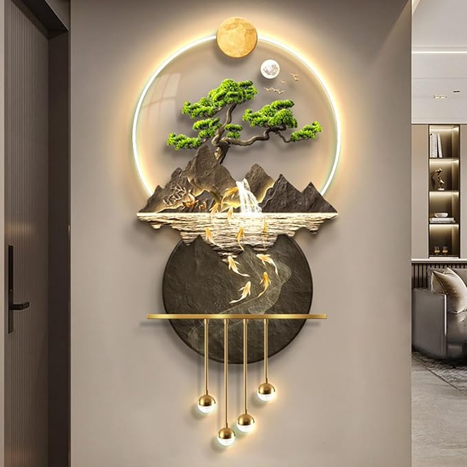 3D Art Wall Decor, Wall Sculptures Hanging Painting Koi Fish Welcoming Pine Wall Art Decoration Lamp,Oriental Decor Traditional Chinese Feng Shui Wall Hanging Painting,Wireless Remote Control