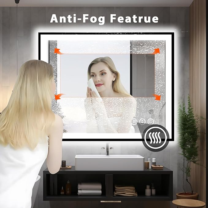 40x36 Lighted Bathroom Mirror, Wall-Mounted, Black Rim Mirror, Vanity(Front and Backlit), Stepless Dimmable CRI90+, Anti-Corrosion, Anti-Rust, Touch Sense, Memory(Horizontal/Vertical)