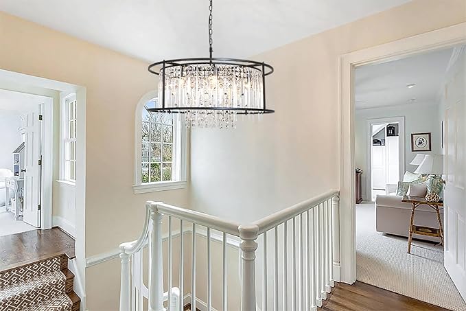 Modern Crystal Chandelier Black Round Lighting Fixture for Dining Room Bedroom Entryway Kitchen Island Living Room