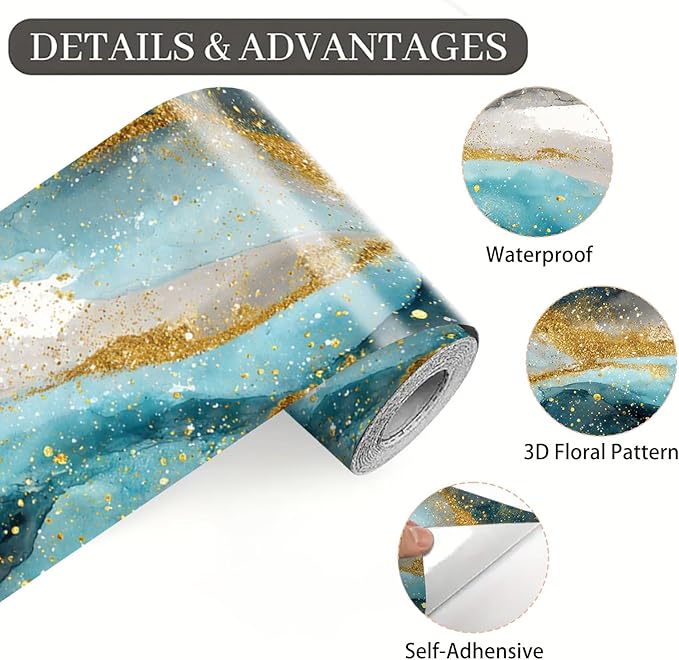 Blue Gold Marble Wallpaper Border 196x4 Inch Peel and Stick Wall Border Self Adhesive Luxury Water Wave Removable Vinyl Trim for Living Room Bedroom Bathroom Kitchen Cabinet Decoration