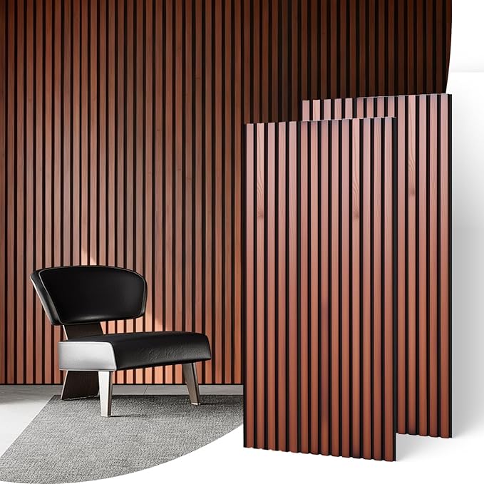 NAVREX 2 Solid Wood Slat Acoustic Panels for Wall and Ceiling - 3D Fluted Sound Absorbing Panel in Walnut Finish, Soundproof Wall Panels for Home Theater, Office & Bedroom Decoration with Flame Retardant Sound-absorbing Cotton (47.2 * 23.6in)