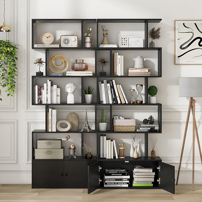 6-Tier Geometric Bookcase Set of 2, 72” Freestanding Room Divider Bookshelf with Open Display Shelves & Storage Cabinet, Wood S-Shaped Storage Organizer for Living Room, Bedroom & Home Office